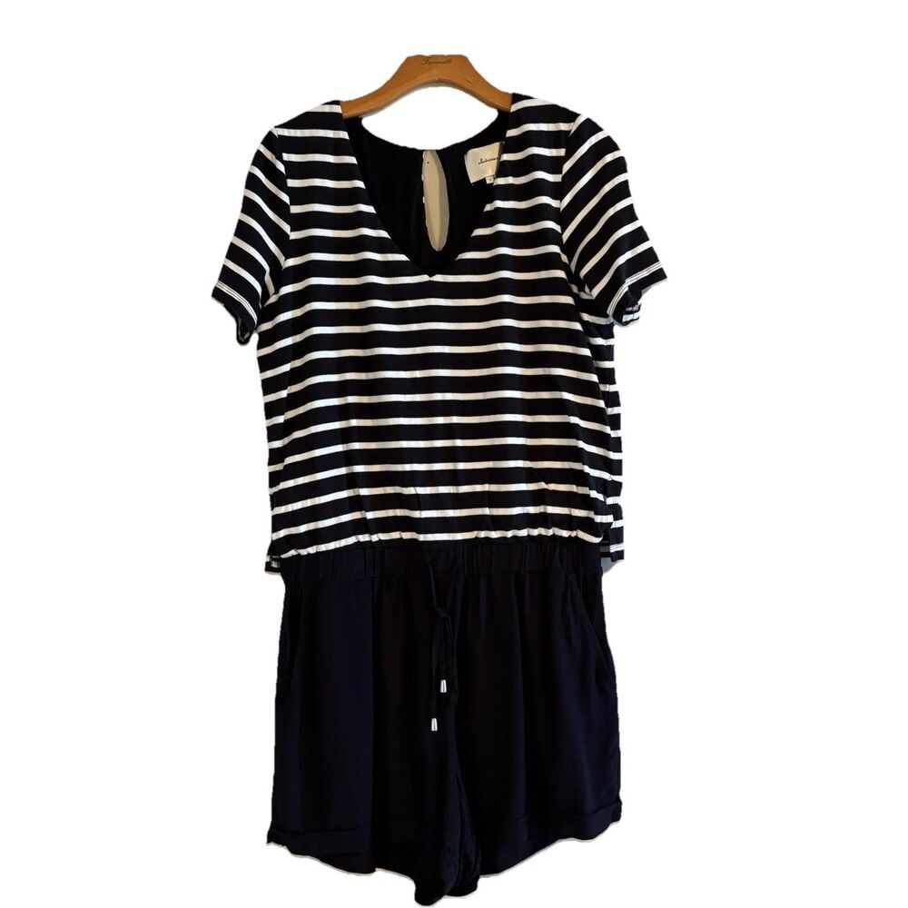 Elevenses Anthropologie Shorts Romper Black White Nautical Stripe Size M